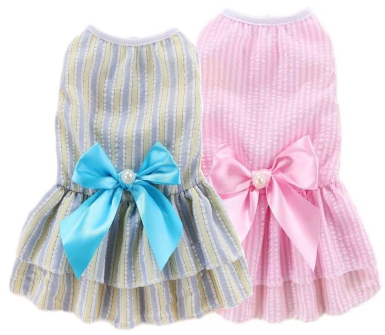 KUTKUT Set Of 2 Dress For Small Dog Cat Girl Puppy Clothes,Tutu Striped Skirt Summer Dress For Shihtzu, Bichon, Toypoodle Etc Cat Pet Apparel (Size: Xl, Adjustable Chest: 50Cm), Multicolor