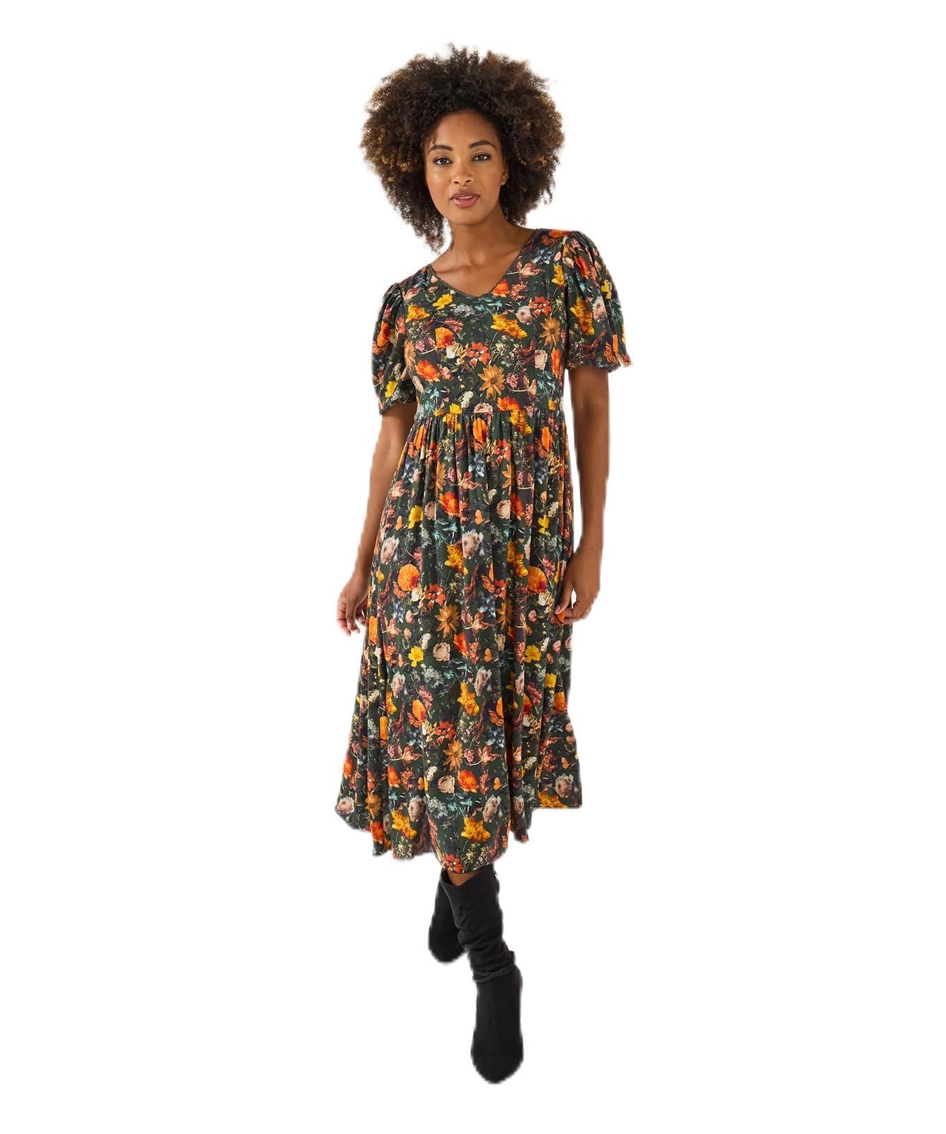 Joe Browns Women's Green Vintage Autumn Floral Dress In Size 12