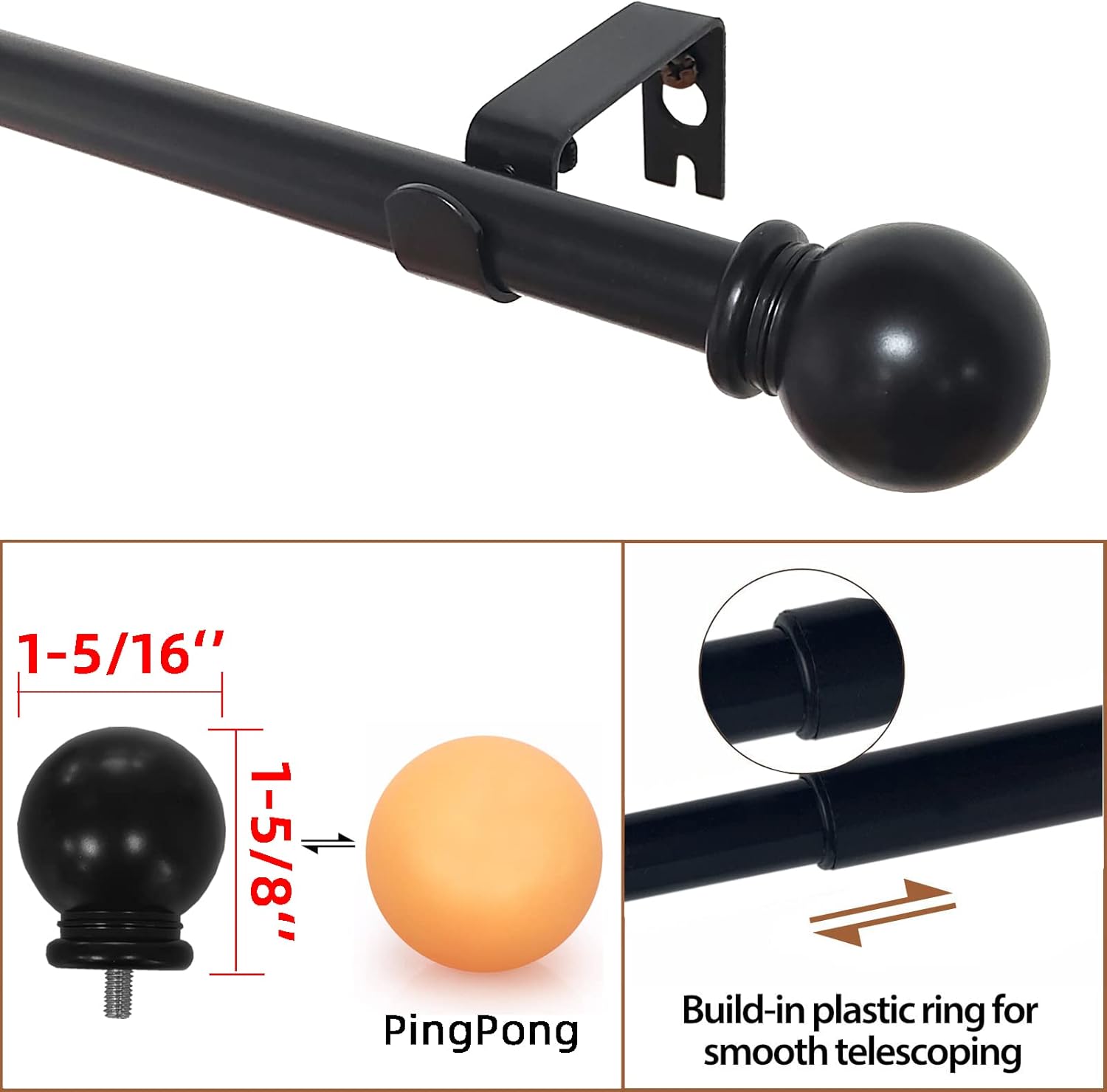 Kowibcl 4Pcs Curtain Rod Finials for 5/8 Inch Dia Rod of Mushroom Shape,M5 Thread Dia(Black), with 5/8 inch Telescoping metal curtain rods,28-48inch Adjustable Curtain Rods, Black : Home & Kitchen