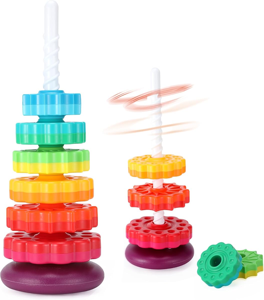 Riuja Baby Spinning Stacking Toys, 1-3 Rainbow Ring Stacker Montessori Toys para bebés, juguetes sensoriales para niños pequeños, regalos de Navidad y cumpleaños adecuados para niños y niñas (16 pulgadas)