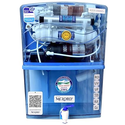 Aqua Grand Plus Transparent by Mclord (R.O+U.V+COPPER/ALKALINE+HIGH TDS MEMBRANE+BOOSTER PUMP+ACTIVATED CARBON+PRE FILTER+TASTE+TDS CONTROLLER)1 YEAR WARRANTY (RO WITH ALKALINE WITH COPPER)