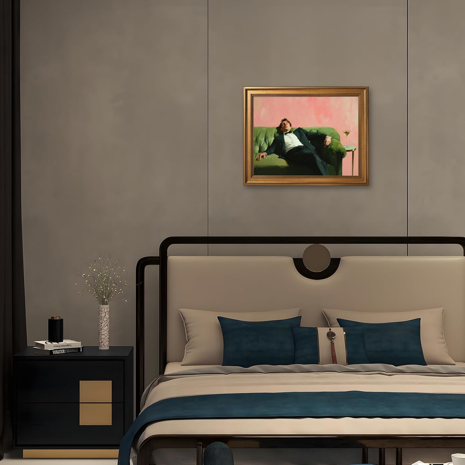 Gold Framed Vintage Cocktail Poster Gentleman Pink Wall Art Retro Moody Dapper Man Rest on Green Couch Martini Canvas Print Classic Humor Painting for Bar Office Male Decor 12x16inch