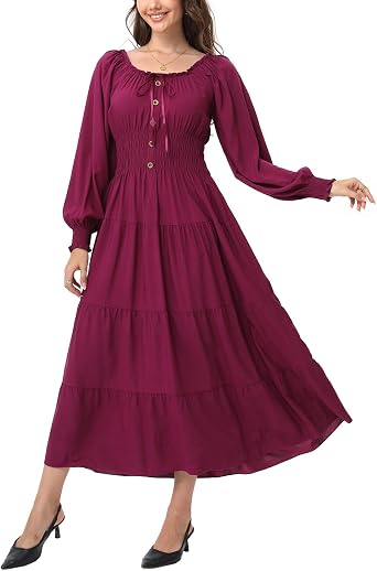 OSTOO Womens 2026 Casual Long Sleeve Square Neck Smocked High Waist Flowy Maxi Dress,Boho Tiered Beach Party Dress