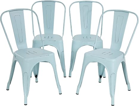 Metal Dining Chairs | Set of 4 | Blue | Stackable Tolix Side Chairs with Backrest | Scratch-Resistant | Non-Slip Feet | Indoor/Outdoor Use | 330 lbs Capacity | for Kitchen & Restaurant