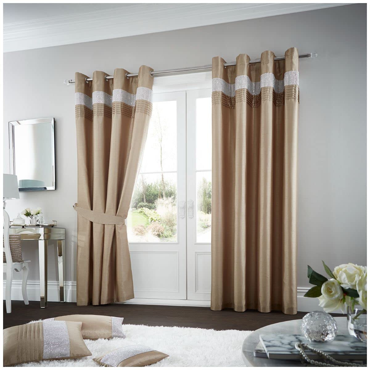 Gaveno Cavailia Oxy Eyelet Curtains Latte, 100% Polyester Luxury Ring Top Drapery with Matching Tie Backs, Two 90"x90" Glamorous Panels, Easy Care Window Treatment, 90x90 Inches