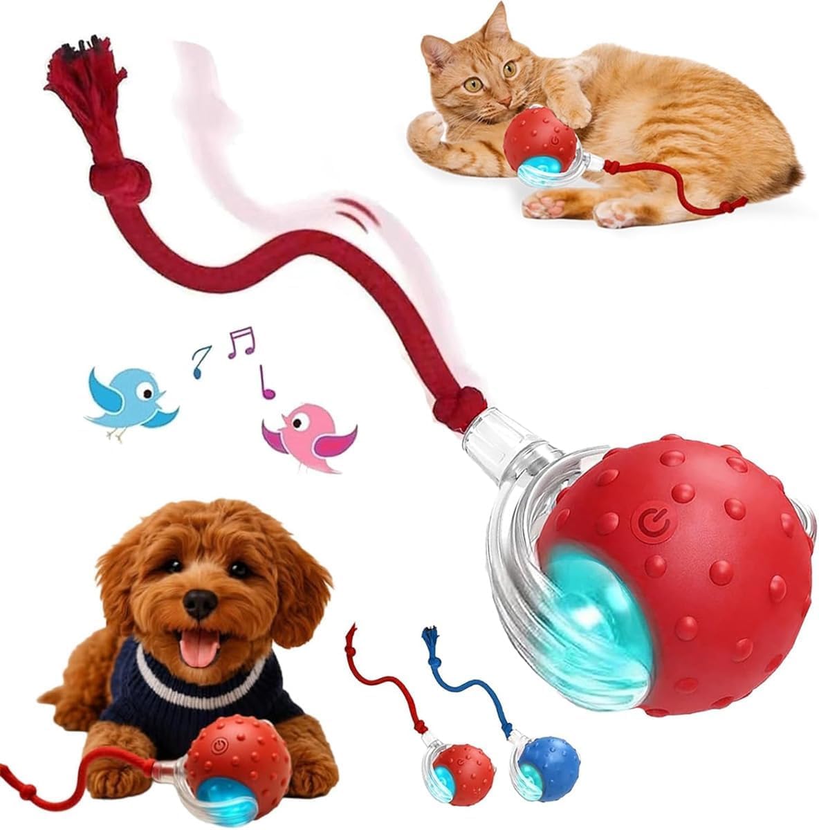 Tiny Fetch Dog Toy - 2026 New Tiny Fetch Motion Dog Toy with Birdsong & Rope,Interactive Dog Cat Toys Balls,360°Smart Automatic Rolling Electric Dogs Ball Toy,Fast Moving Toy for Dog and Cat (Red)