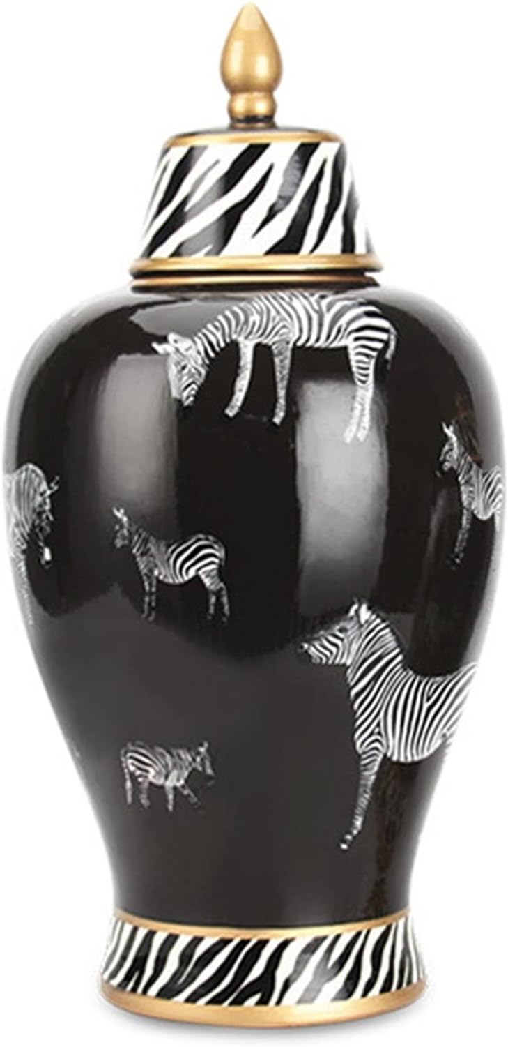 Black Ceramic Ginger Jar with Lid，Decorative Jar wth Zebra Pattern，Temple Jar Vase for Home Decor Table Center Piece (Size : Large)