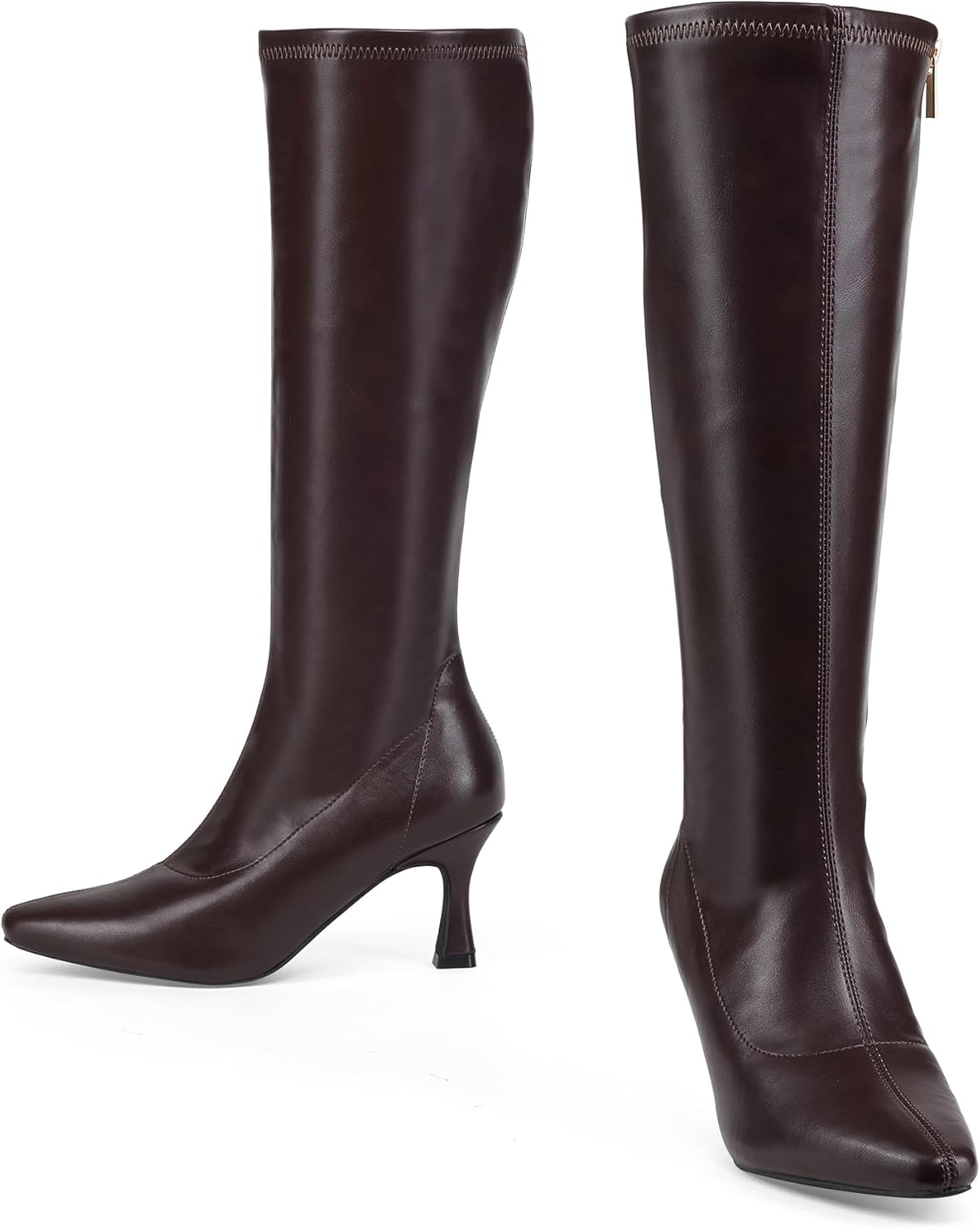 GENSHUO Knee High Boots Women Pointed Toe 3 Inches High Kitten Heel Tall Boots Classic Fashionable Calf Long Boots with Side Zipper Winter