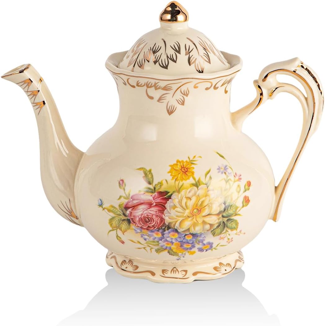 YOLIFE Flowering Shrubs Teapot, 700 ml/ 3 Cup Porcelain Teapot, Vintage Ivory Floral with Gold Leaves Edge, Gift for Women