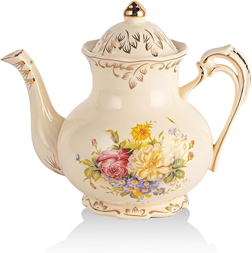 YOLIFE Tetera de cerámica Flowering Arrubs, tetera floral vintage, color marfil, regalo para mujeres, 3  4 tazas, 28.7fl oz29 onzas