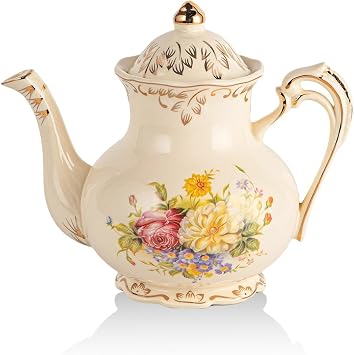 YOLIFE Flowering Shrubs Teapot, 700 ml/ 3 Cup Porcelain Teapot, Vintage Ivory Floral with Gold Leaves Edge, Gift for Women