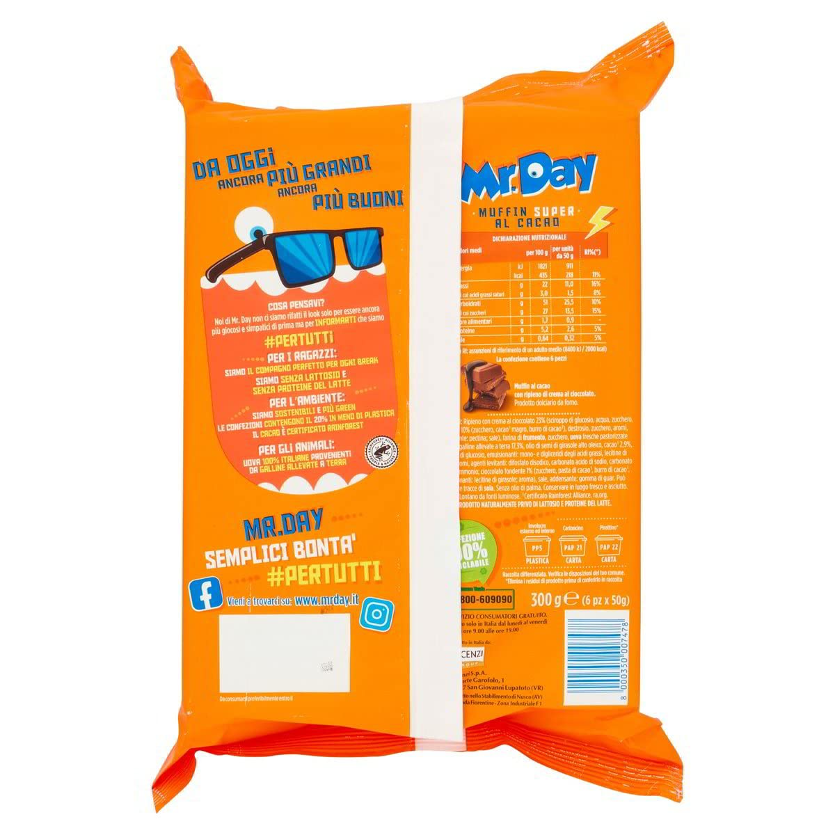 7X Mr. Day Muffin al Cacao Ripieno di Crema al Cioccolato Senza Lattosio (Lactose Free) 300g [CAIYA® BOX da 7 Confezioni]