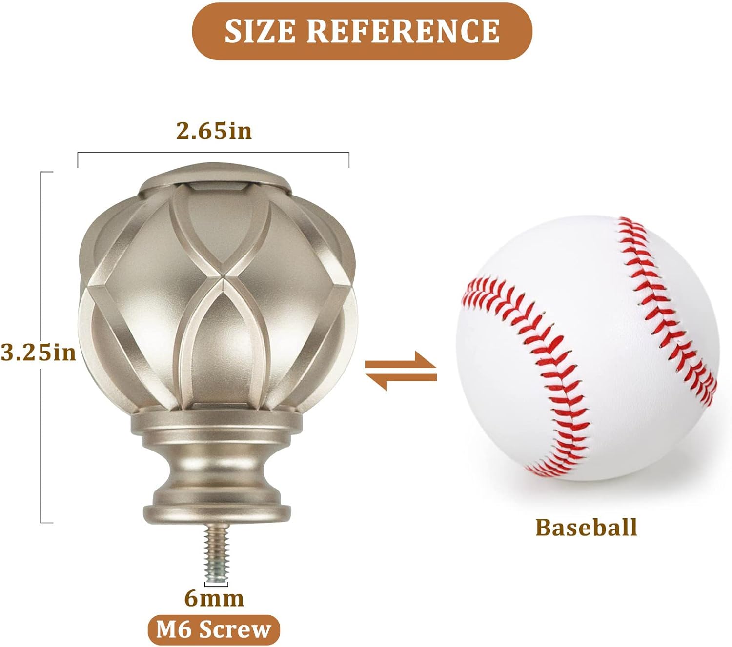 KAMANINA Netted Texture Replacement Finials for 1 or 7/8 Inch Curtain rods, M6 Screw Rod Finials, Champagne Gold, 2pcs