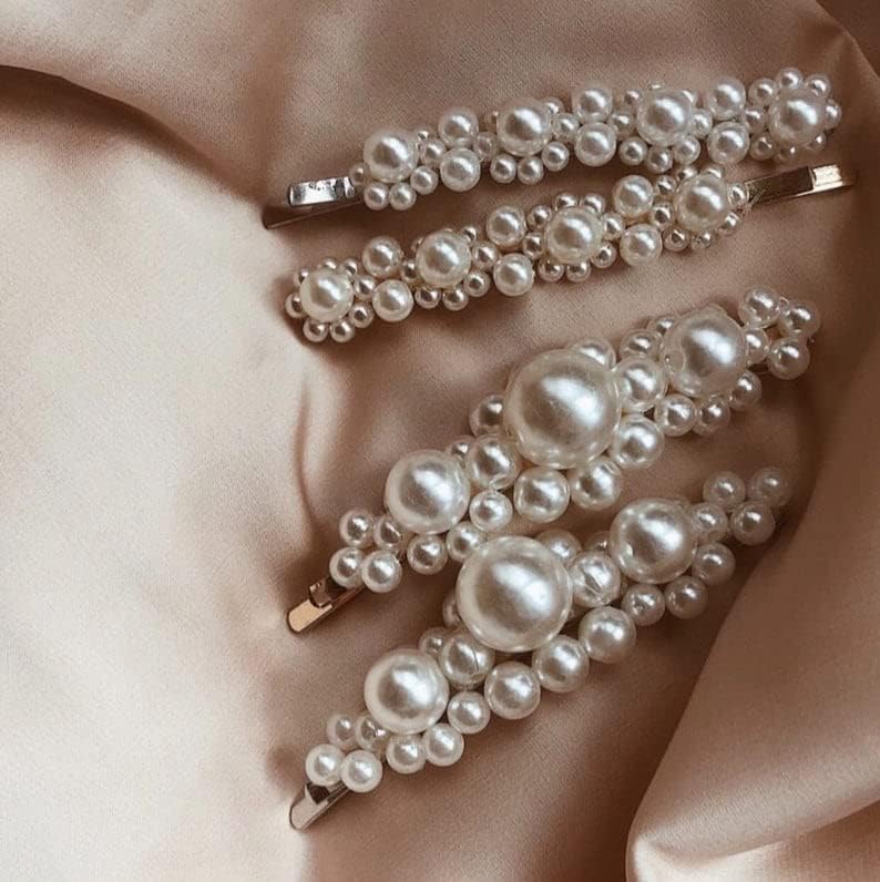 Pearl Hair Clips for Girls Women Ladies, 12Pack Pearl Hair Bobby Pins/Barrettes/Snap Clip/Hair Slides for Wedding Party Holiday, Elegant Handmade Hair Accessories,White/Gold