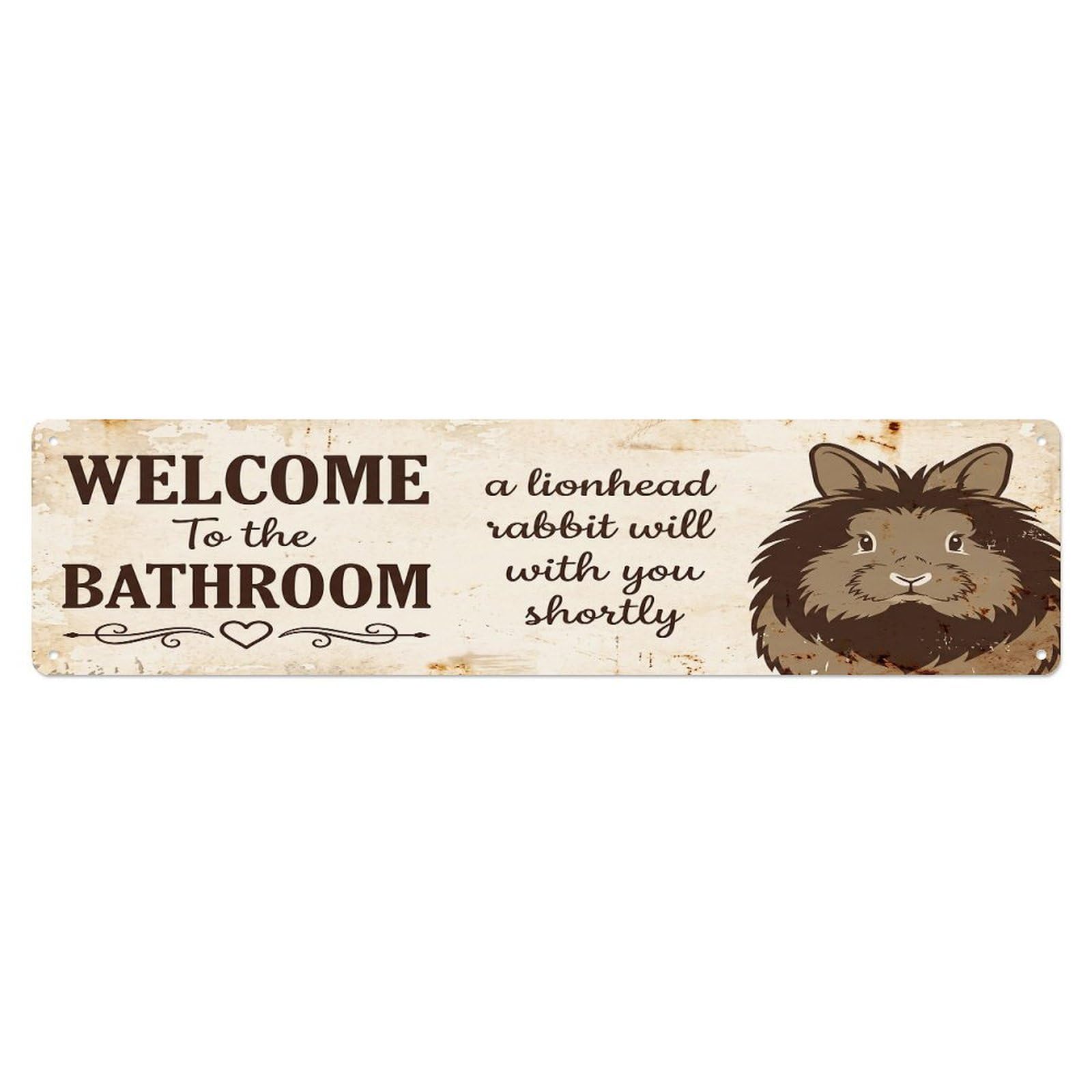 Vintage WELCOME To The BATHROOM Lionhead Rabbit Metal Tin Sign