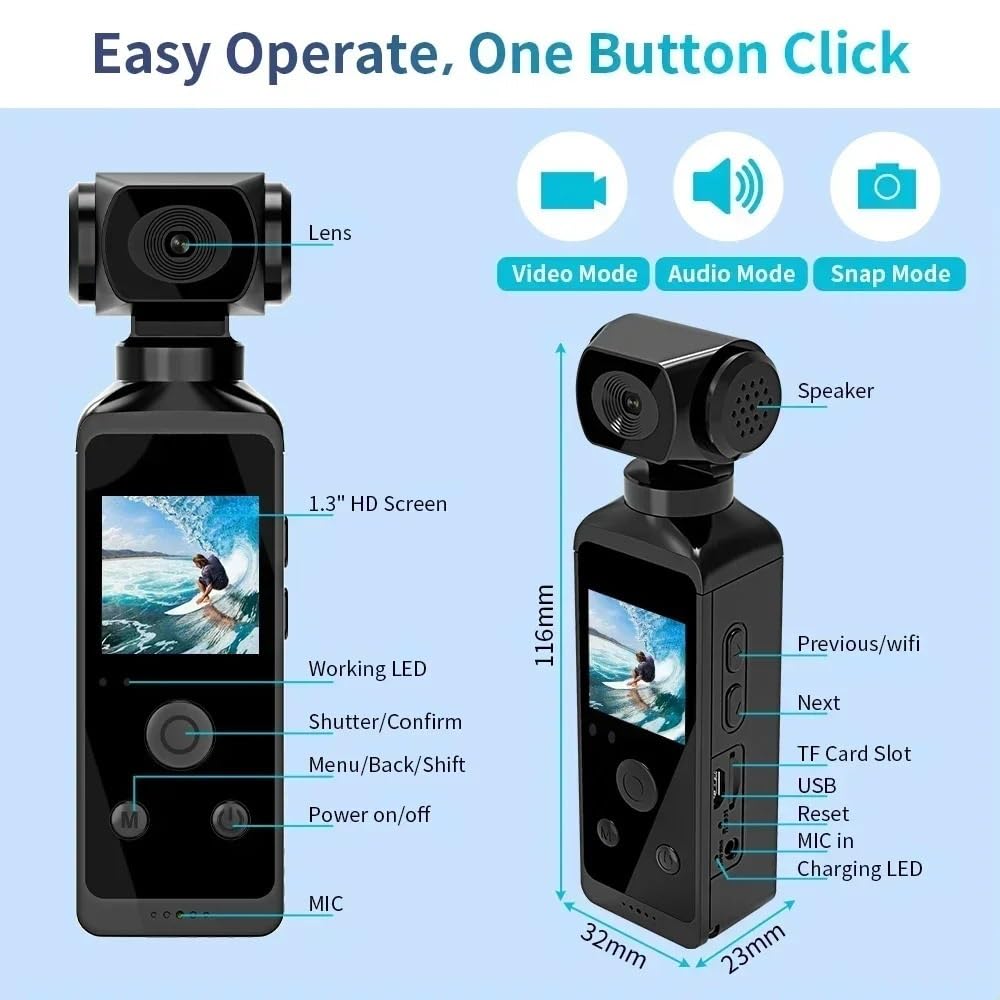 Kamera sportowa, Kamera sportowa 4K Pocket Action Camera 270° Obrotowa Mini kamera sportowa Wodoodporna obudowa Podróż Rower Kierowca Rejestrator,do jazdy na rowerze, motocyklu