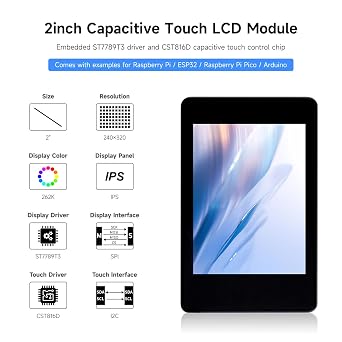 Waveshare 2inch Capacitive Touch Display IPS Module, for Raspberry Pi/Raspberry Pi Pico/ESP32, 262K Colors, 240 x 320 Resolution, Faster Response and More Durable
