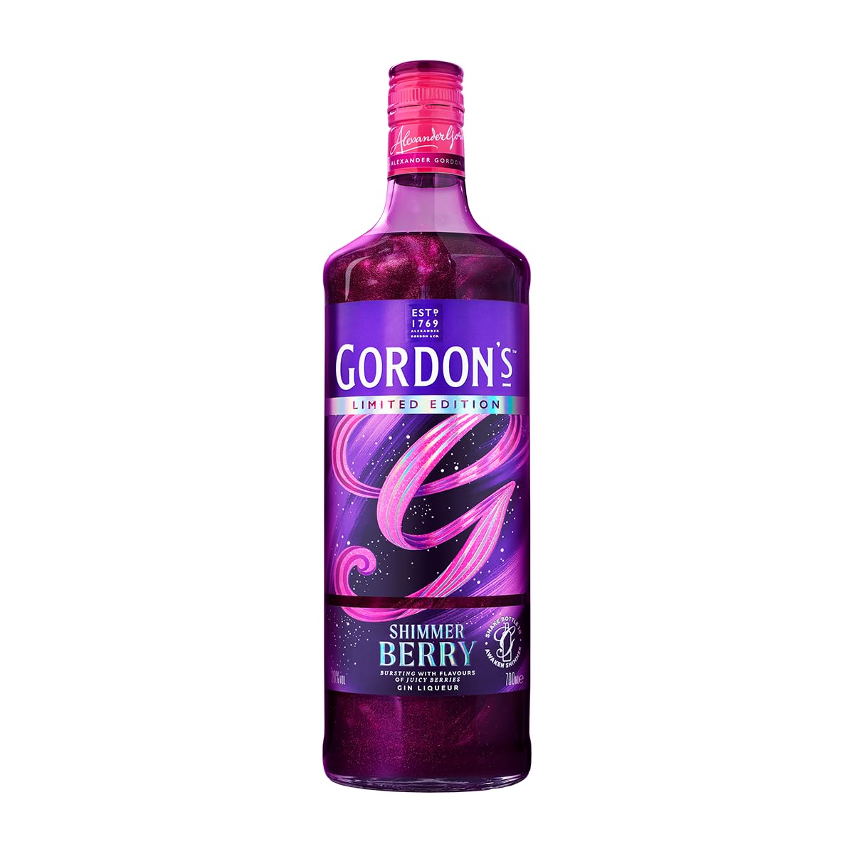Gordon's Shimmer Berry Gin Likör, Einzigartiger Glitzer-Effekt, Limitierte Auflage, mit Aromen von saftigen Beeren, 20% vol, 700ml Einzelflasche