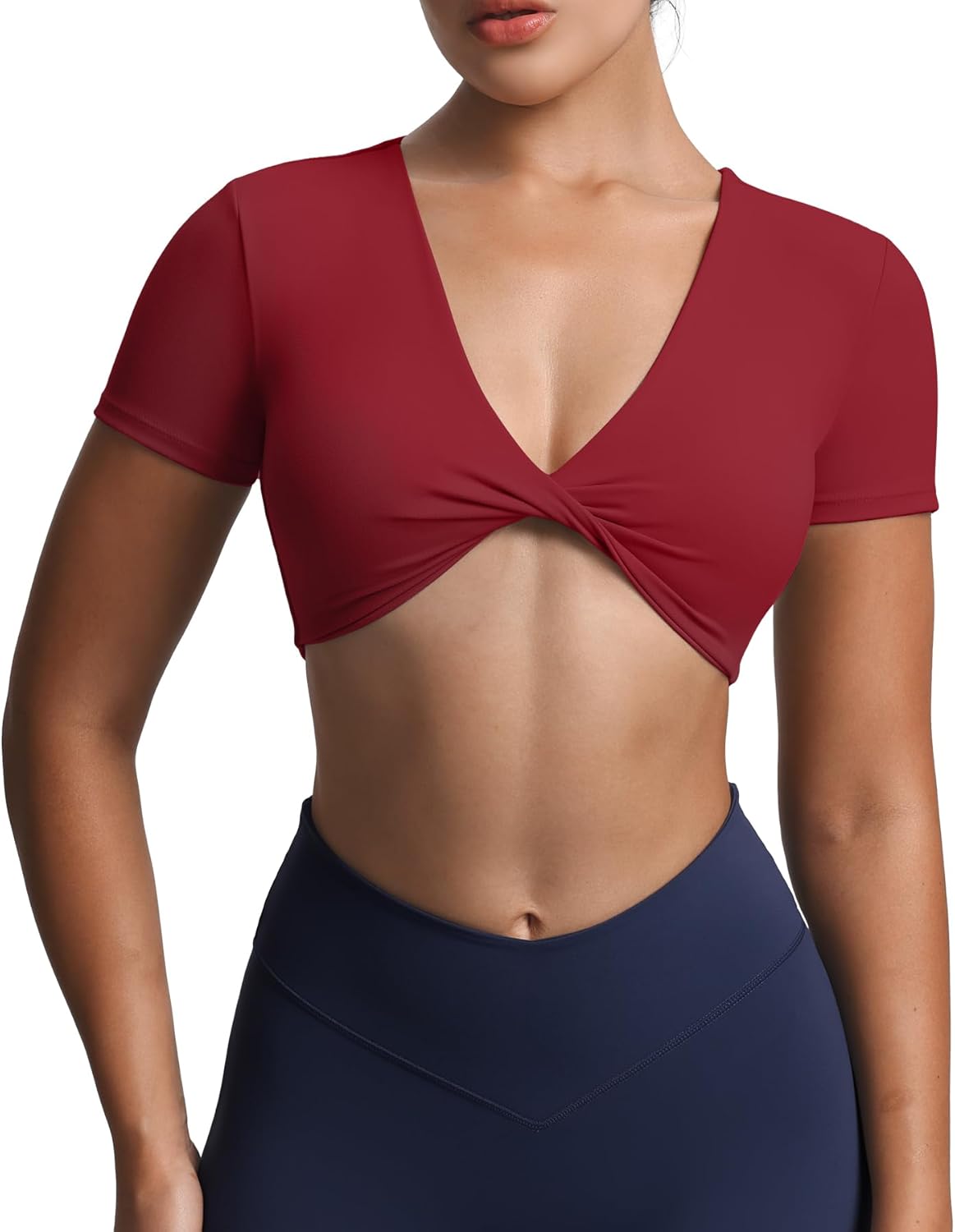 Aoxjox Short Sleeve Crop Tops for Women Sienna Twist Deep V Workout Cropped T Shirt Top