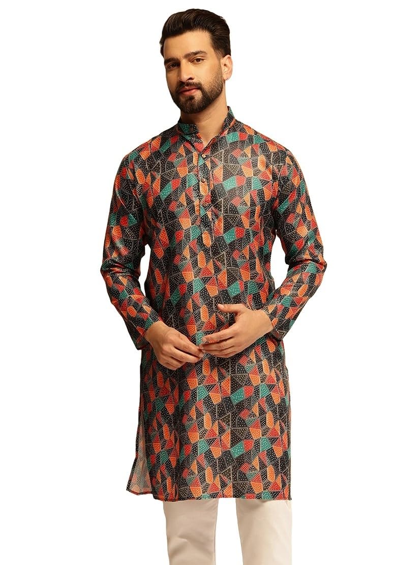 Sojanya (Since 1958 Men's Cotton Linen Abstract Print Multicolor Long Kurta