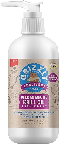 Grizzly Pet Products Producto antioxidante líquido de aceite de krill para perros y gatos, 8 onzas