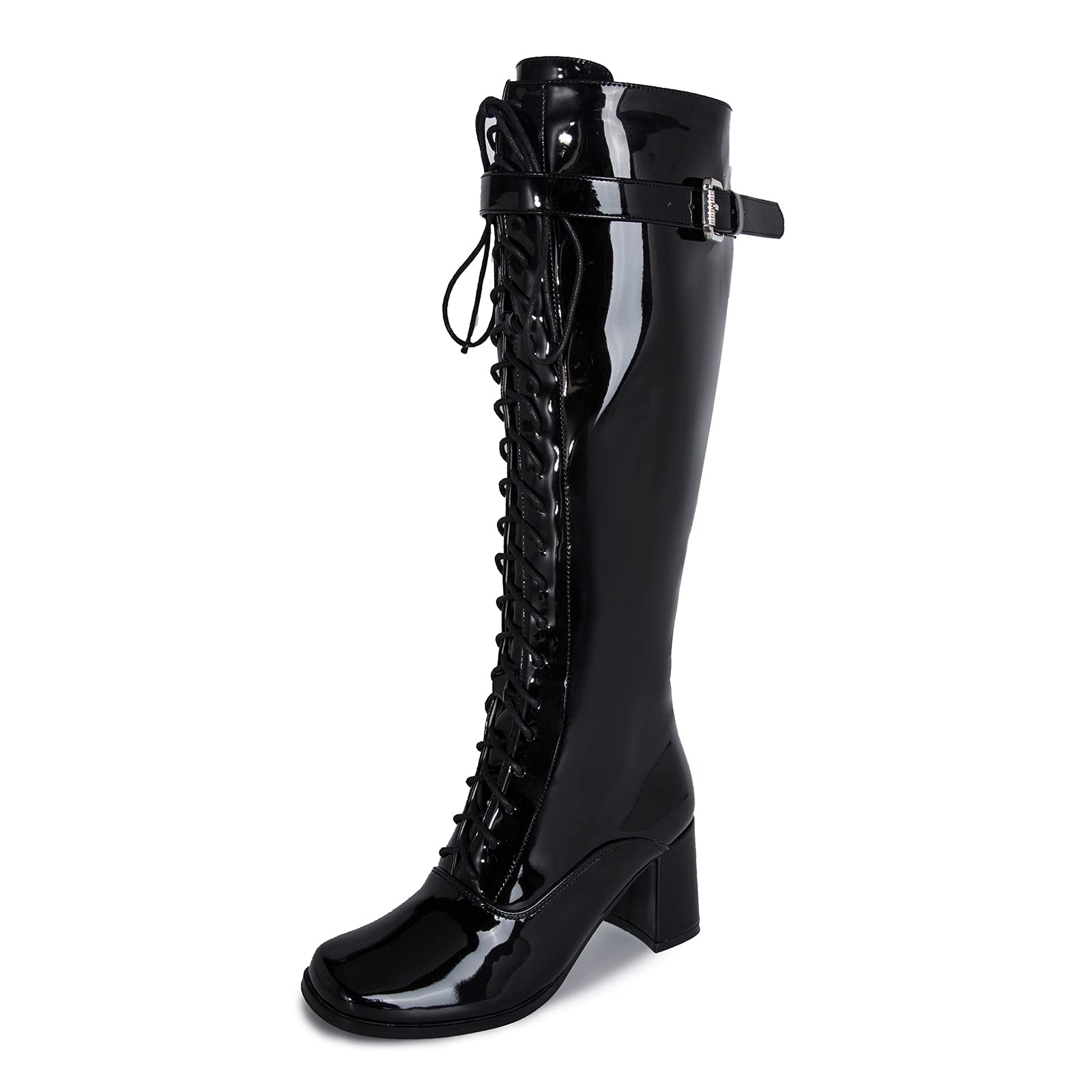LIURUIJIA Womens Gogo Boots Lace up Knee High Block Heel Side Zipper Riding Boots