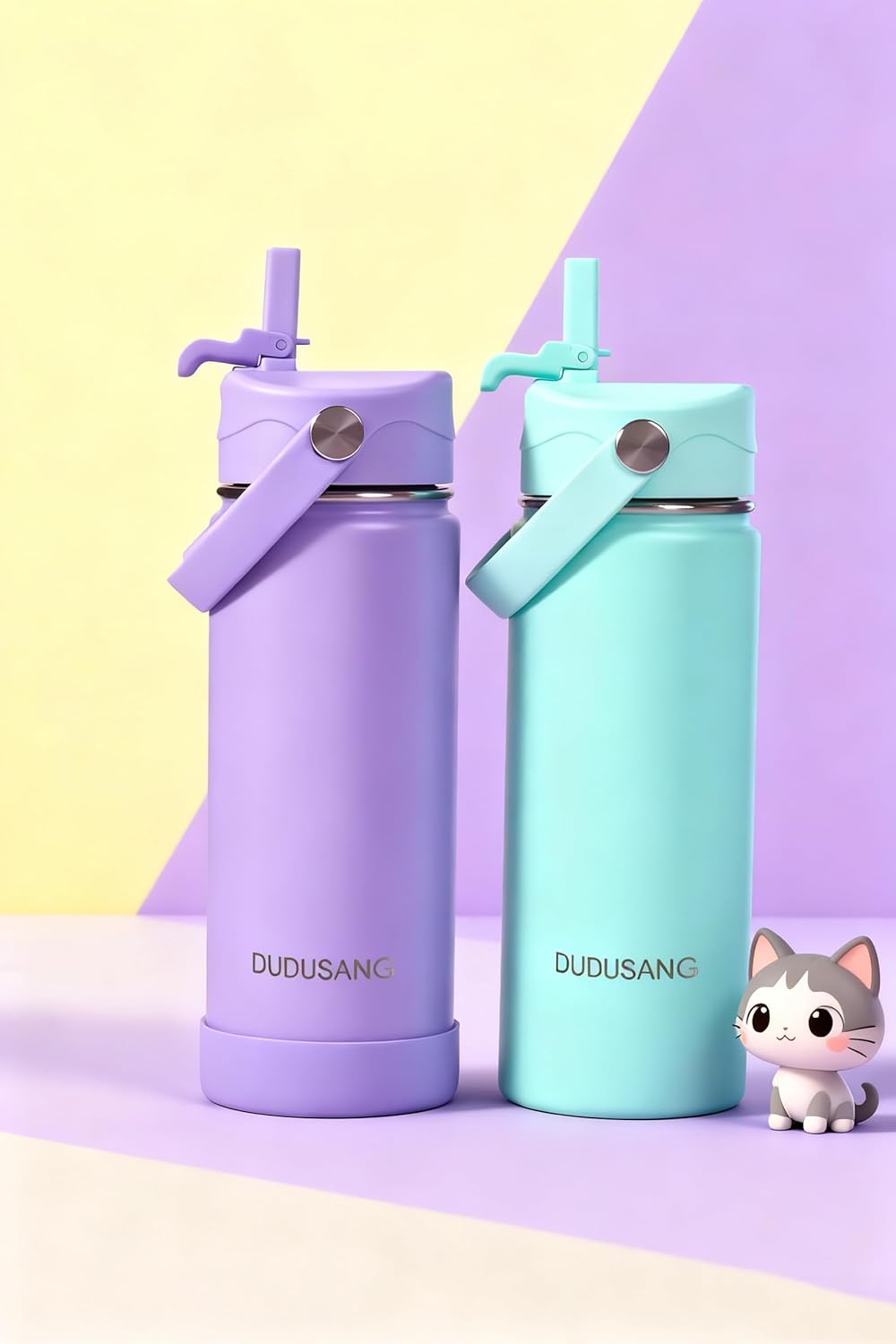 2Pack 18oz Kids Insulated Water Bottle - Stainless Steel Water Bottles for School Boys/Girls Flip Top Leak Spill Proof Vacuum Metal Cups BPA Free Thermos (Light Purple, 18 Ounces) - Image 3