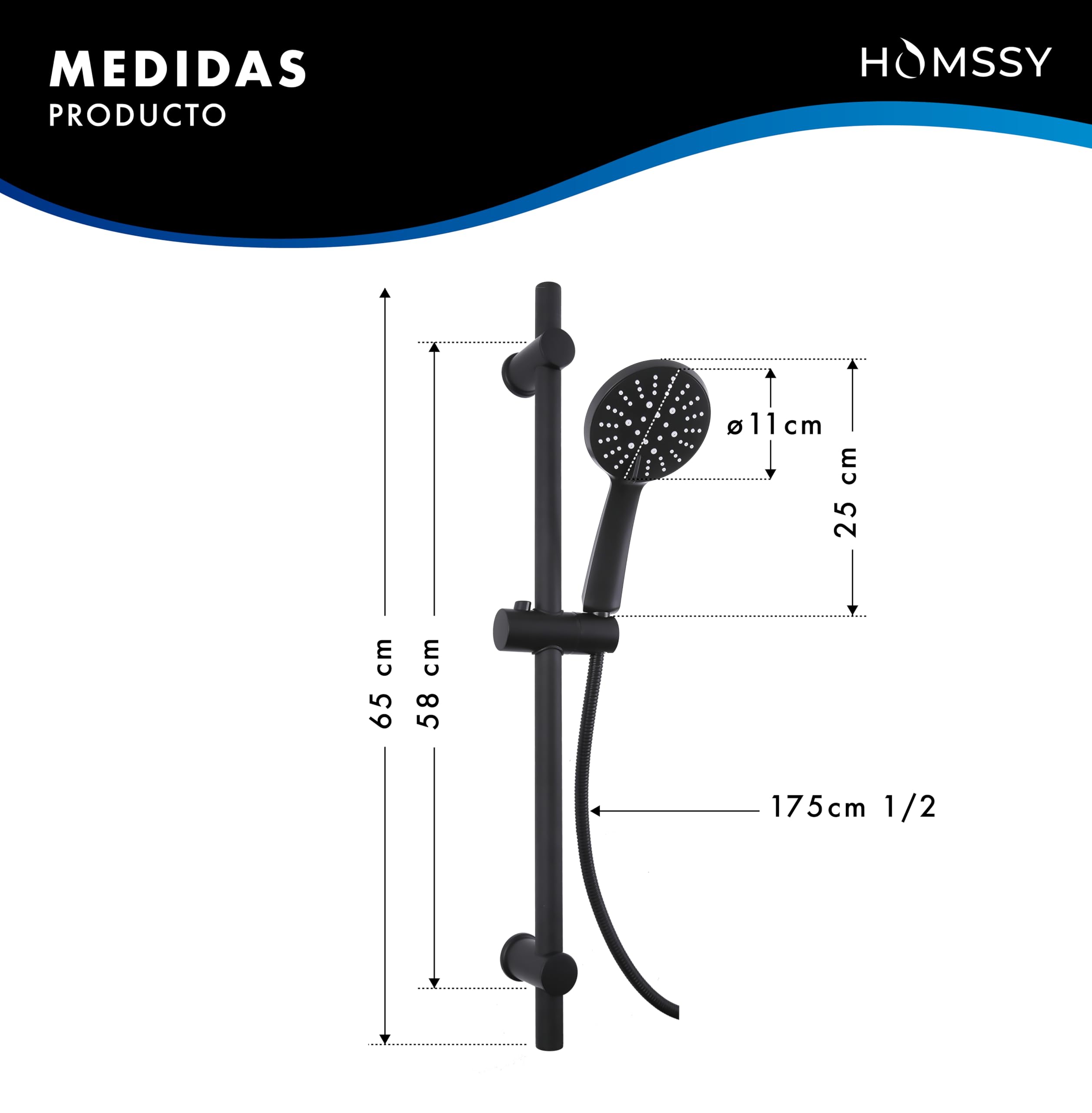 Barra de Ducha Regulable negro mate 70 cm – Conjunto de Ducha en Acero Inoxidable con Alcachofa de Mano 5 Funciones, Manguera Flexible 1,75 m y Soporte Ajustable