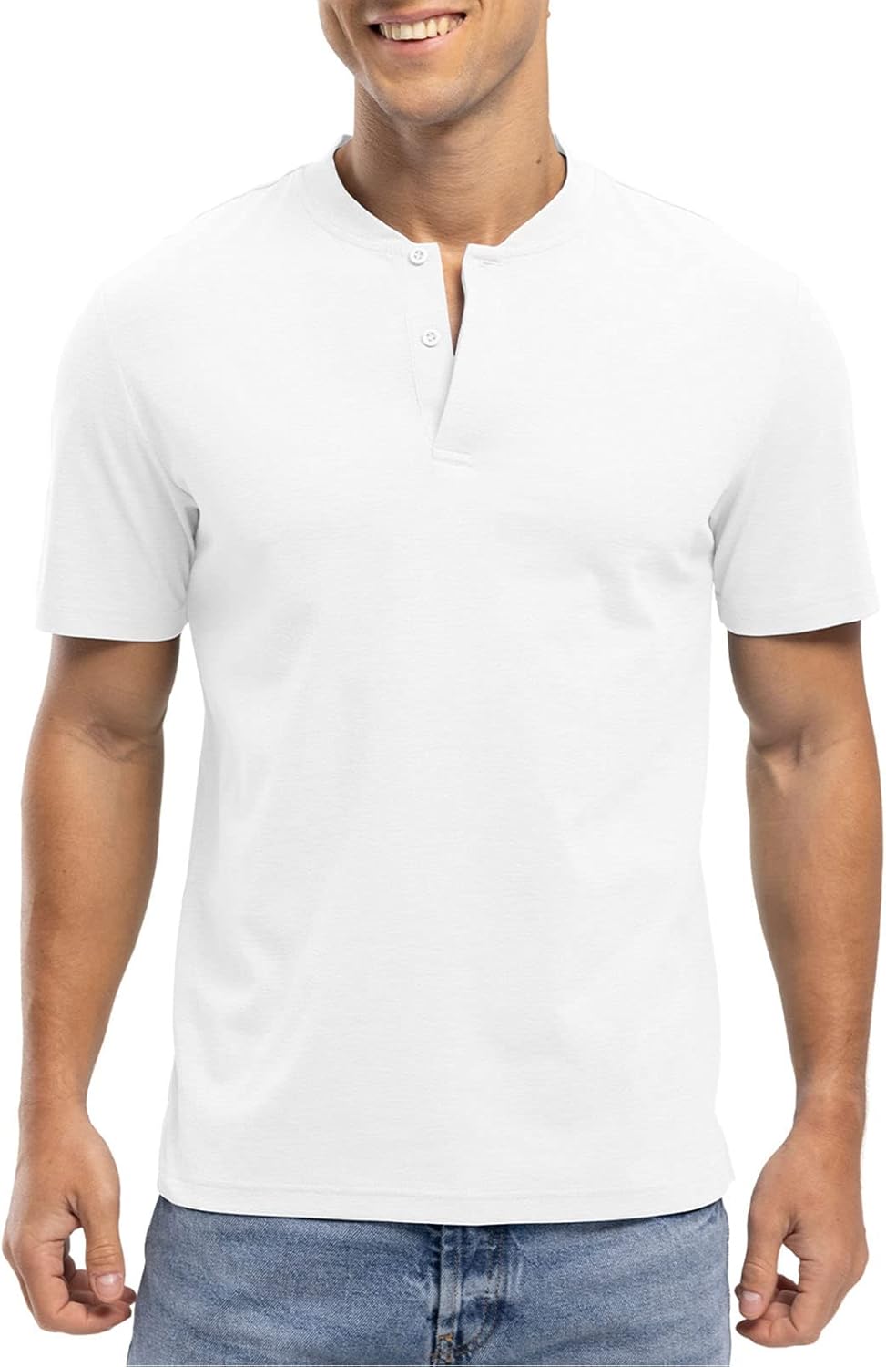 Rdruko Men's Collarless Golf Shirts Henley Dry Fit Athletic Lightweight Performance Casual Blade Polo T Shirts Short Sleeve, White, S - Image 2