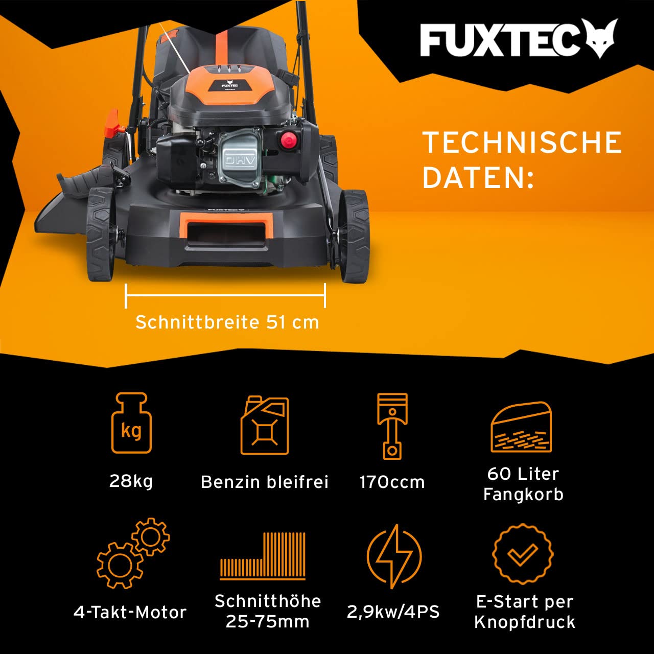 FUXTEC 4in1 Benzin Rasenmäher FX-RM5170eS • mit Antrieb und Elektrostarter • 51 cm Schnittbreite • 4-Takt 170 CCM Motor • 60L Fangkorb • Mulchen, Seitenauswurf & EasyClean