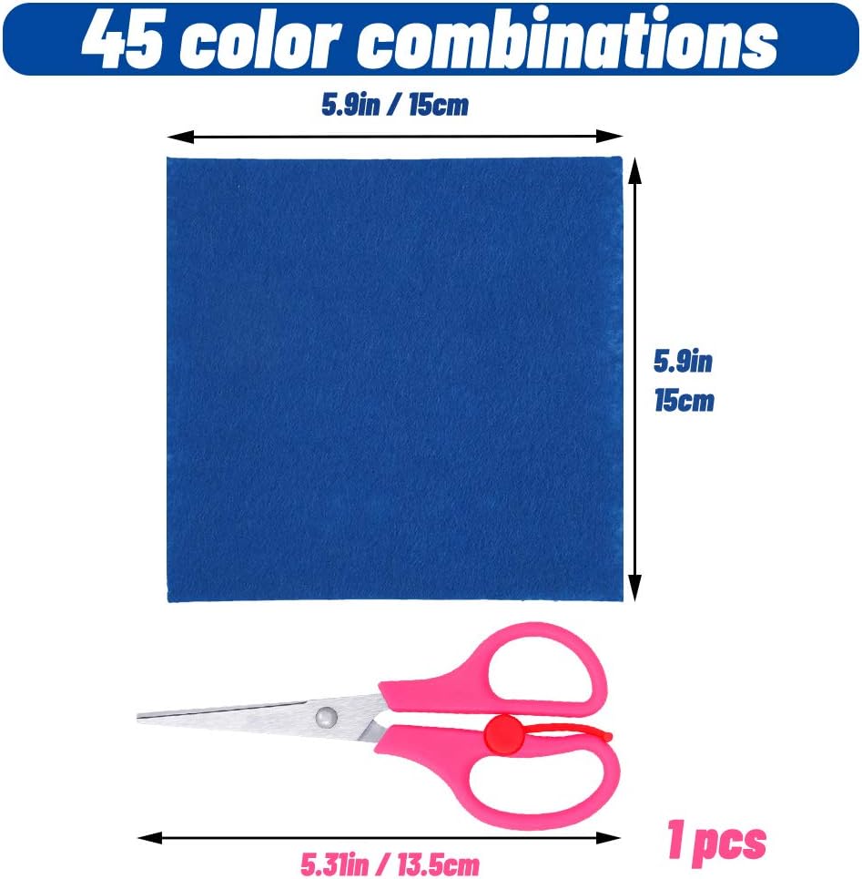 45Pcs Felt Fabric Sheet Assorted Color Felt Fabric Sheets (5.9in x 5.9in) Assorted Colors Felt Pack with Scissors for DIY Crafts, Sewing, School Projects, Decoration, Crafting Projects