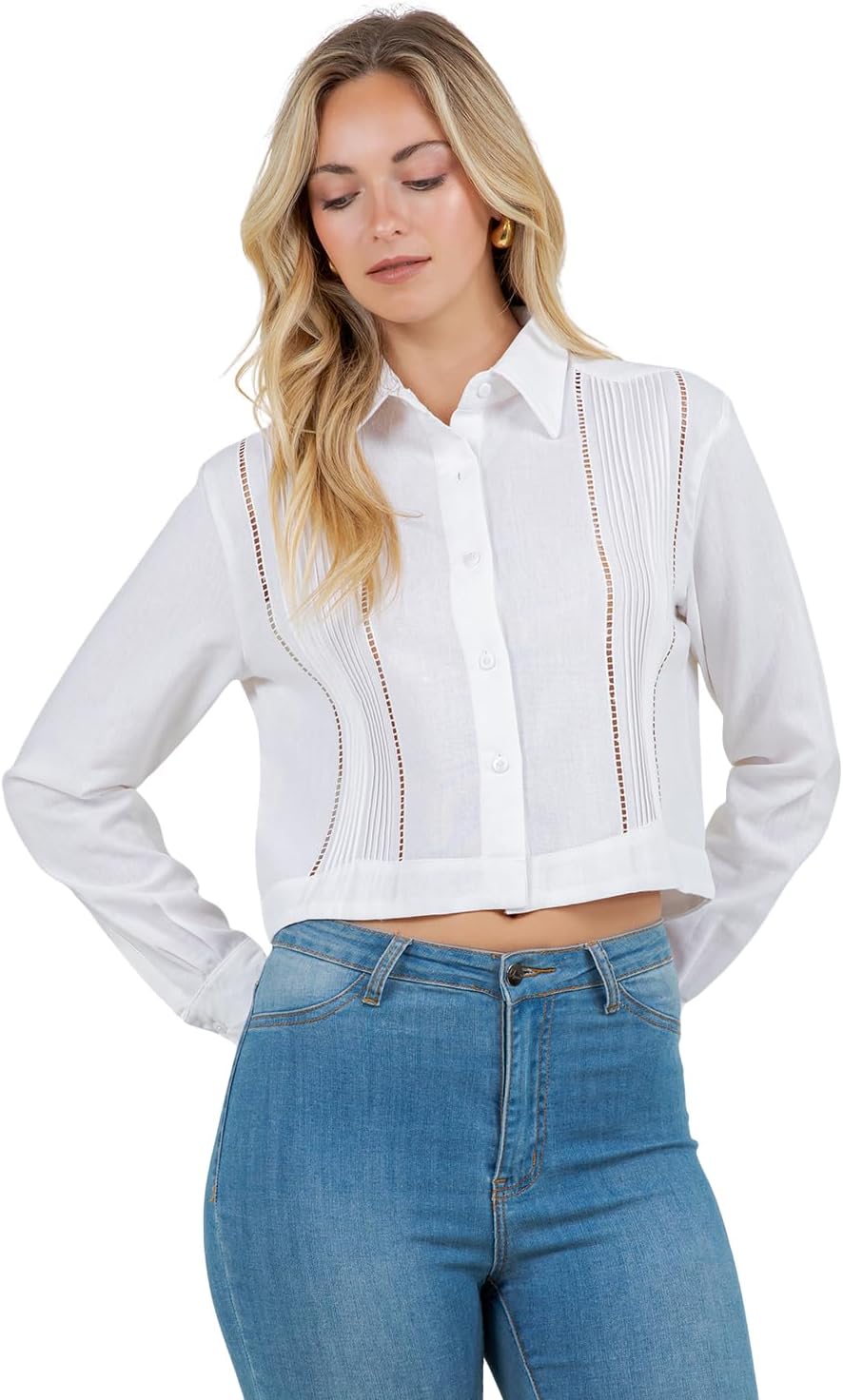 Mojito Women's Stylish Cropped Guayabera Shirt with Cutout Trim - Image 4