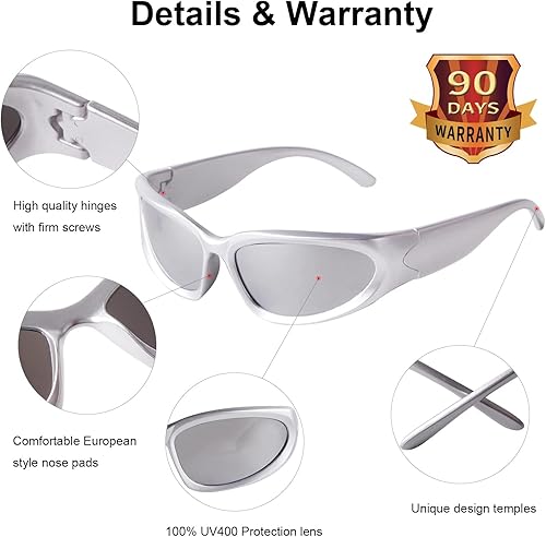 Miniatura 8 de SORVINO Gafas de sol envolventes para hombres y mujeres, gafas de sol ovaladas, gafas deportivas plateadas y2k