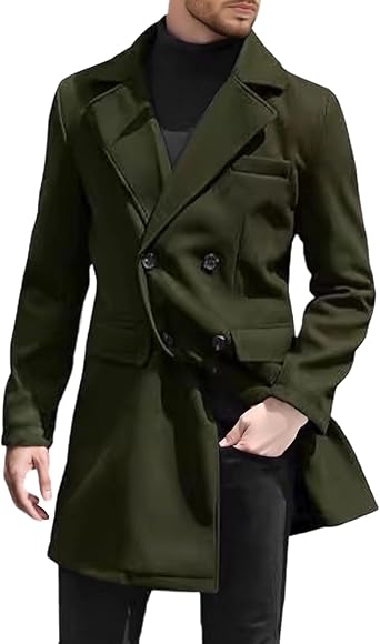 Maiyifu-GJ Mens Windproof Trench Coat Winter Slim Fit Wool Blend Overcoat Long Jacket Double Breasted Notched Lapel Coat
