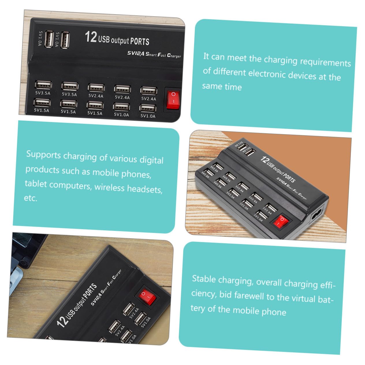 Homoyoyo Estación de Carga USB Inteligente de con Cable Europeo Cargador Múltiple para Móviles y Dispositivos Base de Enchufes Múltiples para Hogar y Oficina