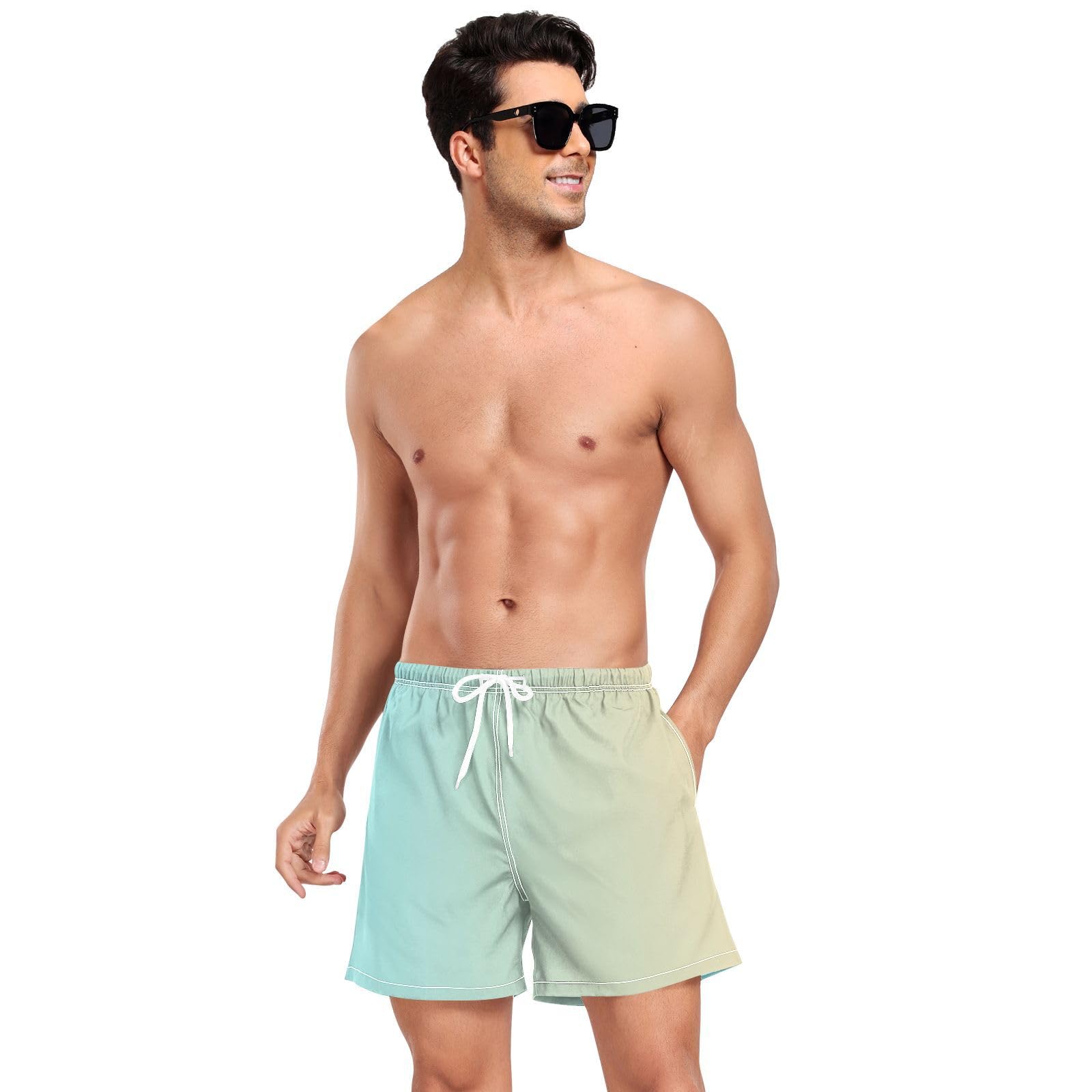 Blue Yellow Gradient Men Beach Shorts Mens 2 Layer Workout Running Shorts with Compression Liner and Pockets Beachwear Quick Dry