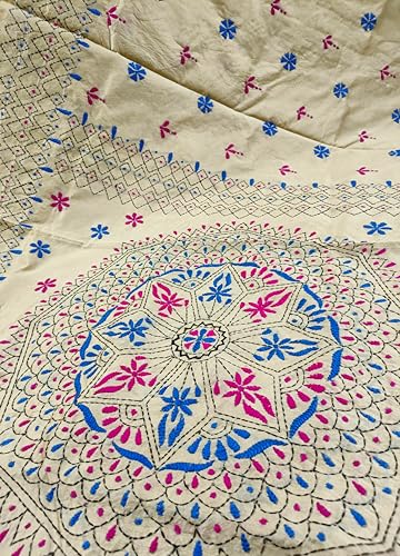 Image of SHRISTI CLOTHINGS Women's Hand Embroidered Cotton Silk Kantha Stitch Saree with Blouse Piece (SB420324 SWD58)