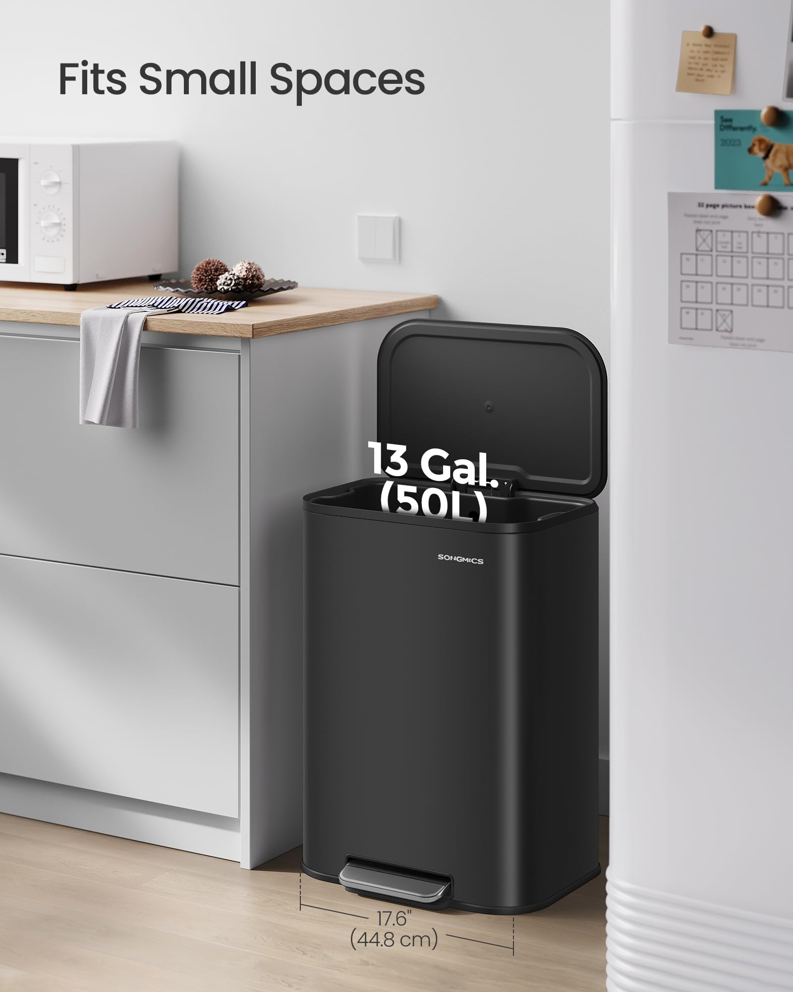 SONGMICS Bote de basura de cocina, cubo de basura de 13 galones con tapa, acero inoxidable, cierre suave y se mantiene abierto, cubo interior, pedal ancho antideslizante, tinta negra ULTB547B01