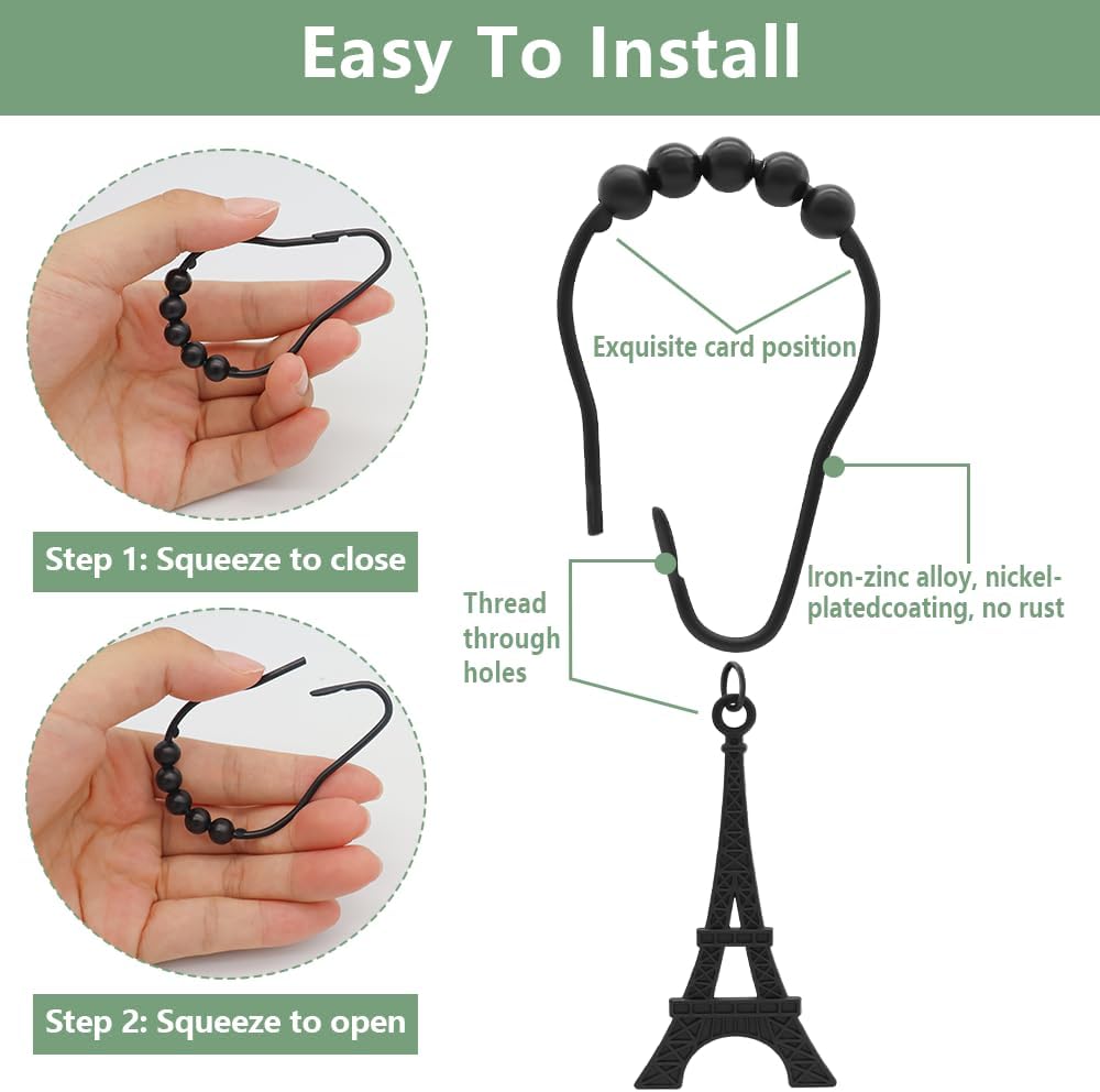 12PCS Eiffel Tower Shower Curtain Hooks,Modern Decor Shower Hooks for Shower Curtain, Tropical Shower Curtain Rings Rust Proof Shower Curtain Hanger Clips image 2