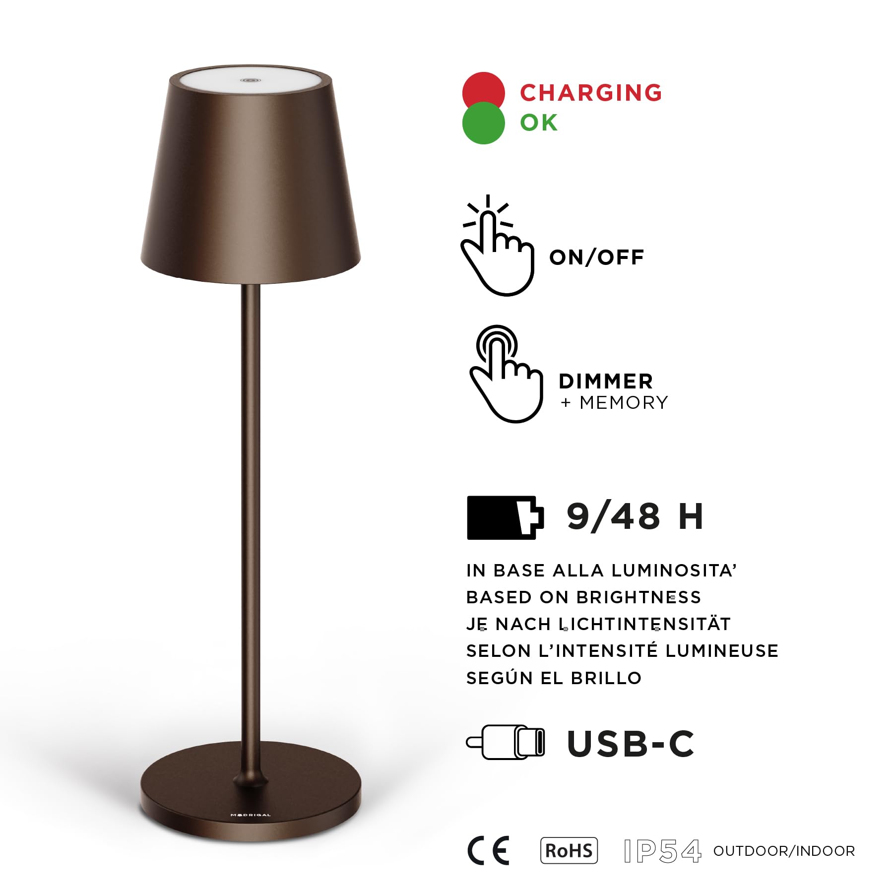 Classica 3 (38 cm) - Lampada LED Ricaricabile USB-C da Tavolo a Lunga Durata con Base Tonda - Luce Regolabile (Dimmer) con il Tocco - Casa e Ristorante - Protezione IP54 - Bronzo