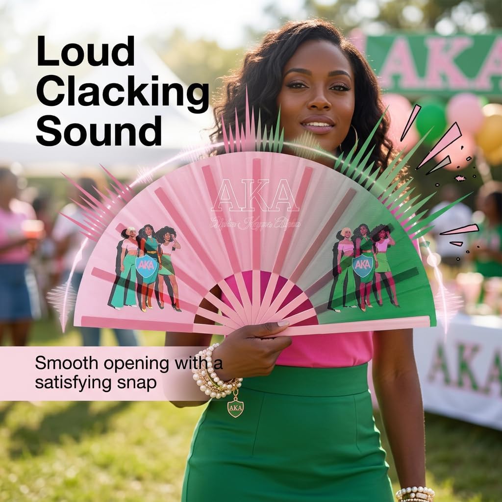 2Pcs Folding Hand Fans for AKA Sorority Gifts Green and Pink Paraphernalia Clacking Fan for Line Dancing Sisterhood Events Women Party Decoration Foldable 13 to 25 Inches
