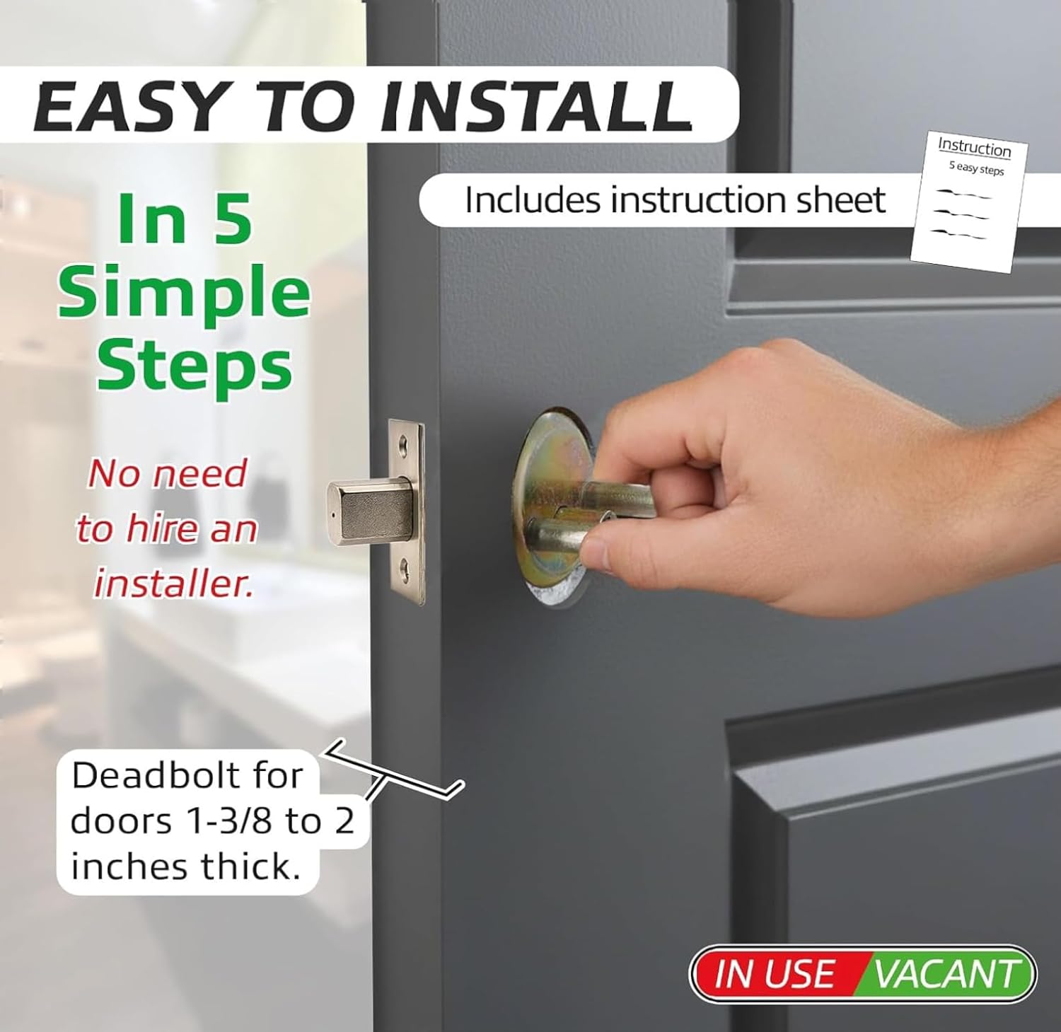 in-Use/Vacant Heavy Duty Privacy Door Occupancy Indicator Deadbolt Cylinder - Durable Metal knob Commercial Grade 2 Lock, Reversible for Left/Right Hand for Restroom, Meeting Rooms- 2pc Silver Color