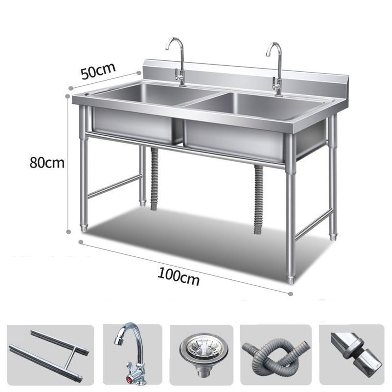 Fregadero de Cocina Independiente Fregaderos de Dos Senos, Fregadero de Acero Inoxidable Industriales con Grifo, Patas Acero, Fácil de Instalar, para Cocina, Restaurante