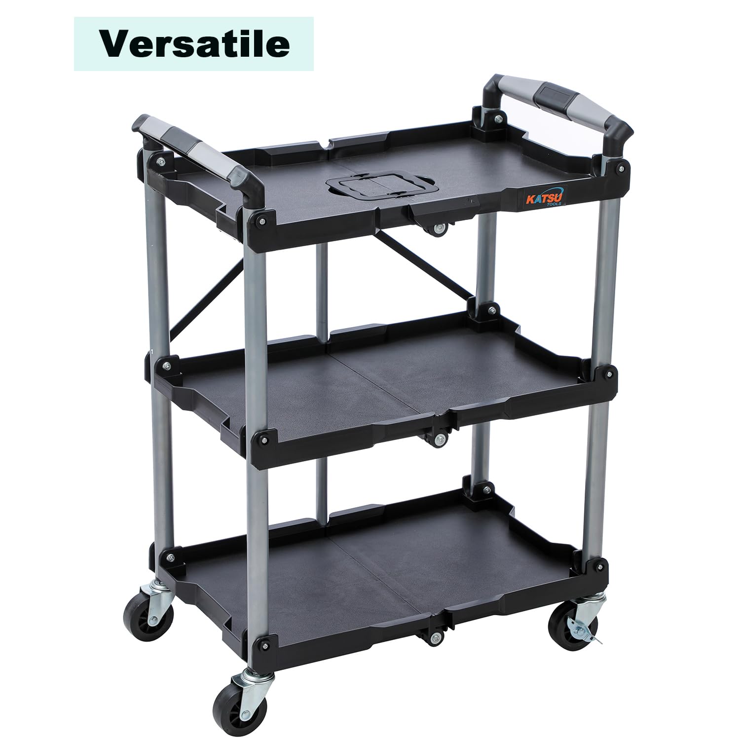 KATSU Tools Chariot de service pliable à 3 niveaux, chariot à outils utilitaire, charge de 68 kg, roues verrouillables, poignées ergonomiques, 83 x 36 x 64 cm, pour atelier, garage, maison, bureau et