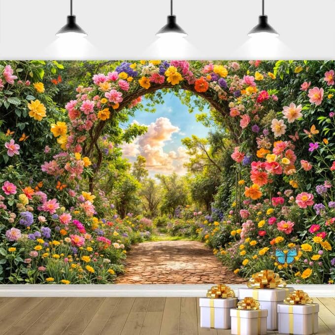 10X8ft Spring Garden Backdrop, Spring Forest Backdrop Flowers and Butterflies Photography Backdrop, Spring Scenery Backdrop for Easter, Birthday,