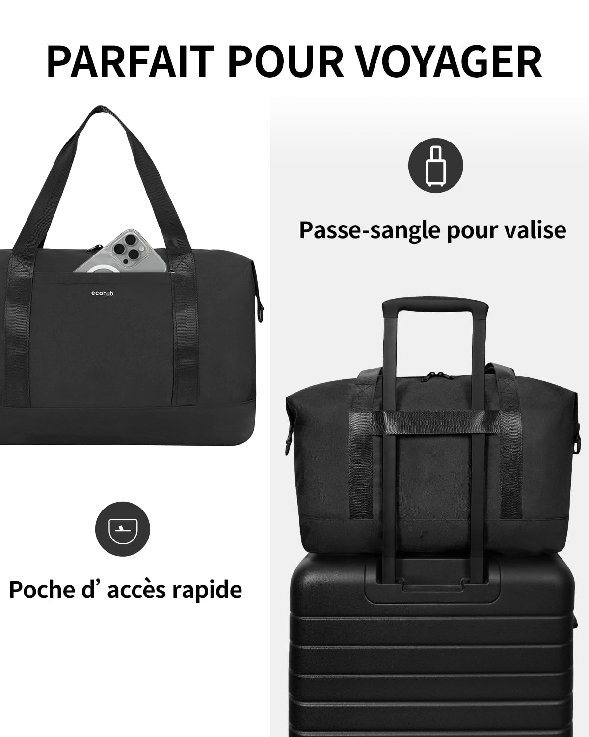 ECOHUB Sac de Voyage 40x30x20 Ryanair, Pliable Bagage Cabine, Léger Sac à Main, Weekend avec Pochette Humide Amovible pour Homme Femme, Sac Cabine Avion Imperméable Bagage a Main 20L (Noir)