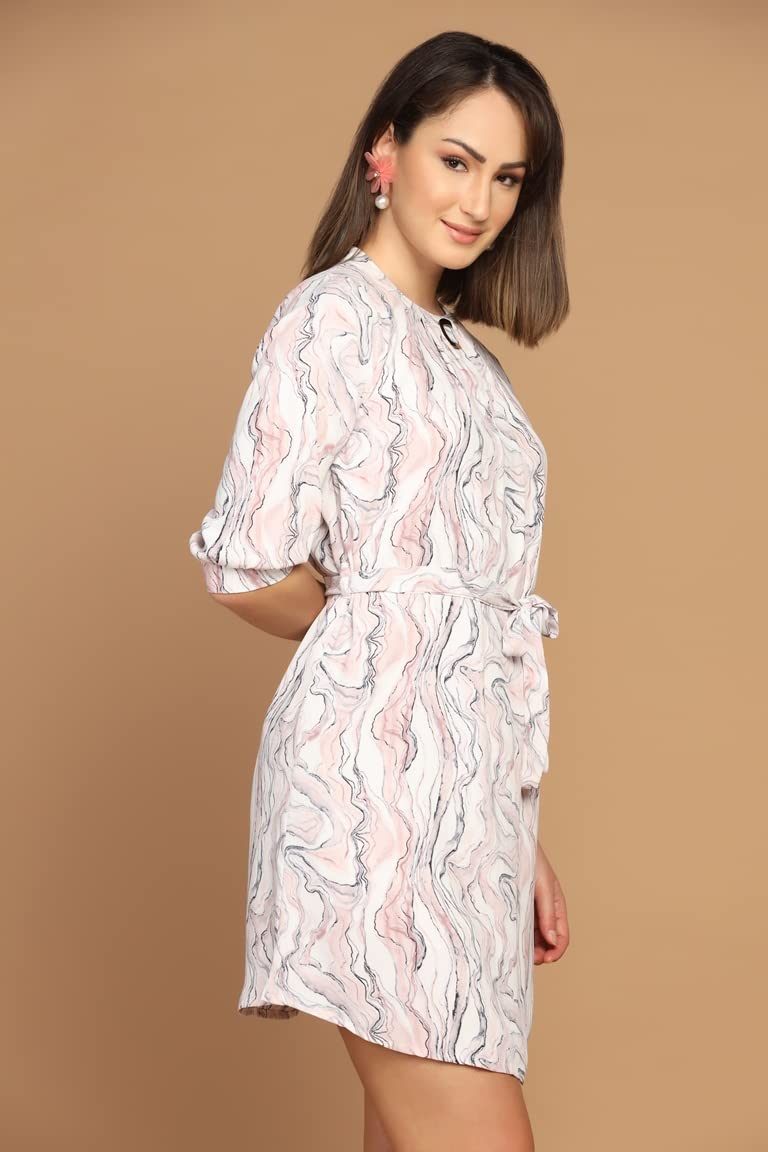Leriya Fashion Western Dress For Women || Rayon Marble Printed Short Dresses For Women || Front Plated Neck With Buckle || Casual || Office || Summer Wear Dress For Girls (Xxx-Large, White)