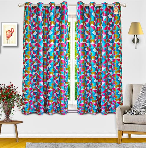 Image of KANUSHI Industries 2 Pieces Washable Polyster Eyelet Window Curtain Set (5 Feet, Blue,Pink)