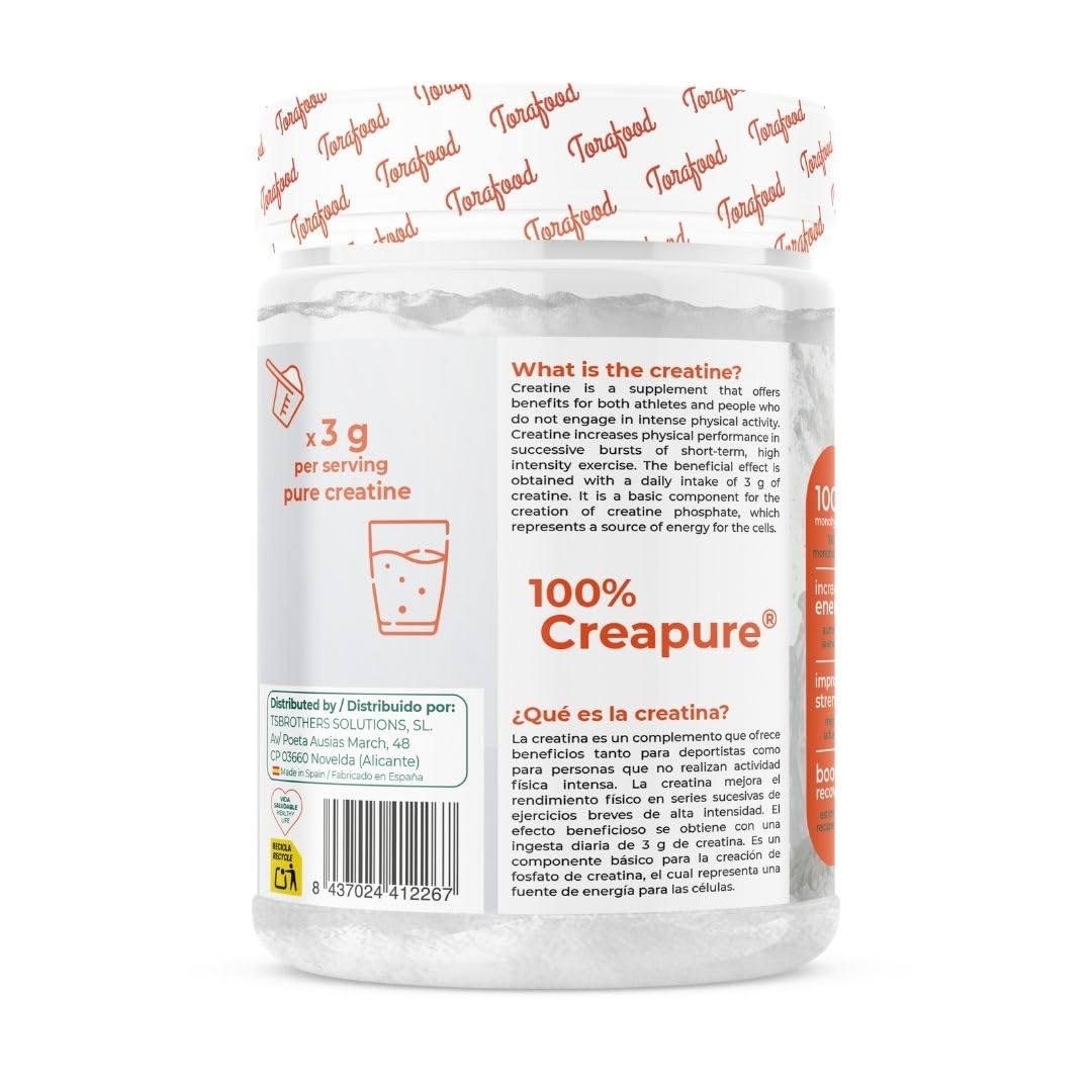 Creatina Monohidrato Creapure en Polvo | 500G | Sabor Neutro | Aumento de Masa Muscular y Resistencia | Gran Solubilidad | 100% Vegana | Torafood