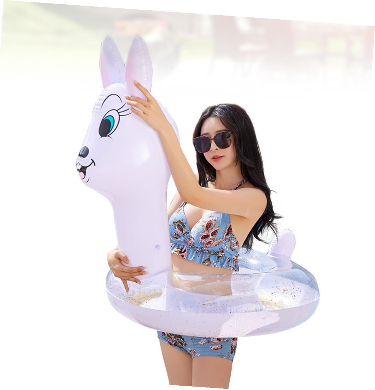 Inflatable Cartoon Rabbit Swimming Ring PVC Float for Adults, Thickened Sequins Water Floating Ring for Summer Pool Party and Water Entertainment